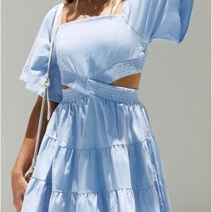 Square Neck Crossover Waist Cut-Out Mini Dress Light Blue